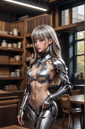 a curvy female wearing luster glossy metallic silver bikini mech armor,long length straight silver hair and see_through blunt bangs and glossy dark_brown eyes,30 yo,looking away,in living room,expressionless,masterpiece