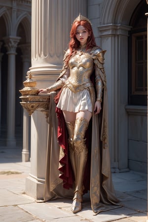 Natural Light, (Best Quality, Masterpiece), ((wide shot)), (castle background), (Fantasy aesthetic style), (realistic light and shadow), (real and delicate background), (beautiful and detailed eyes), (realistic detailed skin texture), ((expression Concentration)), 1girl, blue eyes, red hair, pale skin, wearing a glowing silver and gold plated armor, Ornately decorated armor, Golden ornaments, red cloak, walking stance, armor boot, full body, white thighhighs, outdoor, the brightly light environment