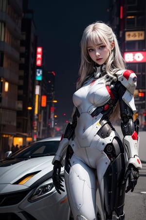RAW photo, Best picture quality, high resolution, 8k, HDR, highres, (absurdres:1.2), realistic, sharp focus, realistic image of elegant lady, japan beauty, supermodel, pure white hair, blue eyes, wearing high-tech cyberpunk style japan mecha suit, military pattern, matte suit, mecha,  , perfectly customized high-tech suit, night war theme,Night fog, custom design, 1 girl, looking at viewer, robot, lens flare, (vibrant color:1.2),