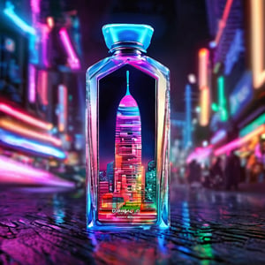 Generate a photorealistic depiction of a cosmetic bottle through a futuristic cityscape at night. Imagine vibrant neon lights reflecting off sleek, polished surfaces as the festival through illuminated streets. Capture the dynamic energy and sense of motion, blending realism with a touch of sci-fi flair.