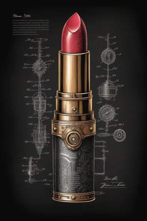 patent style drawing of steam lipstick in ink on an mAgazine paper,(steampunk:1.2),old fashioned,nostalgie,black background