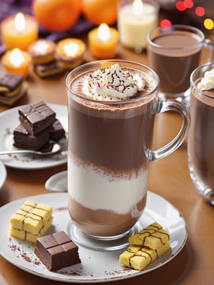 ((anime)), delicious dessert and a glass cup of hot chocolate, party setting, dynamic angle, depth of field, detail XL,
