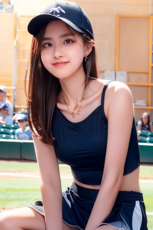 background is baseball stadium,
16 yo, 1 girl, beautiful korean girl,
wearing lovely simple top(strap,stripe),wearing short tennis skirt(blue),wearing baseball cap,sitting in stand,happy smile, solo, {beautiful and detailed eyes}, dark eyes, calm expression, delicate facial features, ((model pose)), Glamor body type, medium breasts,(dark hair:1.2), simple tiny earrings, simple tiny necklace,braided hair, flim grain, realhands, masterpiece, Best Quality, 16k, photorealistic, ultra-detailed, finely detailed, high resolution, perfect dynamic composition, beautiful detailed eyes, ((nervous and embarrassed)), sharp-focus, full_body, cowboy_shot, ,cc