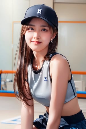 background is baseball stadium,
16 yo, 1 girl, beautiful korean girl,
wearing lovely simple top(strap,stripe),wearing short tennis skirt(blue),wearing baseball cap,sitting in stand,happy smile, solo, {beautiful and detailed eyes}, dark eyes, calm expression, delicate facial features, ((model pose)), Glamor body type, medium breasts,(dark hair:1.2), simple tiny earrings, simple tiny necklace,braided hair, flim grain, realhands, masterpiece, Best Quality, 16k, photorealistic, ultra-detailed, finely detailed, high resolution, perfect dynamic composition, beautiful detailed eyes, ((nervous and embarrassed)), sharp-focus, full_body, cowboy_shot, ,cc