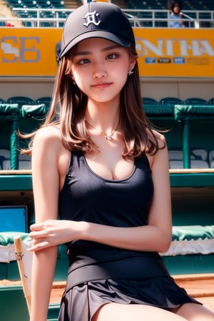 background is baseball stadium,
16 yo, 1 girl, beautiful korean girl,
wearing lovely simple top(strap,stripe),wearing short tennis skirt(blue),wearing baseball cap,sitting in stand,happy smile, solo, {beautiful and detailed eyes}, dark eyes, calm expression, delicate facial features, ((model pose)), Glamor body type, medium breasts,(dark hair:1.2), simple tiny earrings, simple tiny necklace,braided hair, flim grain, realhands, masterpiece, Best Quality, 16k, photorealistic, ultra-detailed, finely detailed, high resolution, perfect dynamic composition, beautiful detailed eyes, ((nervous and embarrassed)), sharp-focus, full_body, cowboy_shot, ,cc