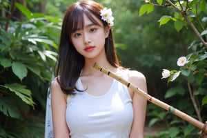 best quality, masterpiece, ultra high res,1girl, small breast, looking at viewer,pure color background,
a woman with a flower in her hair holding a bamboo stick and a flower in her hair,standing in front of a bush, bangs, GBH, yosshi film,cc