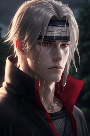 (Forest, low light), night, shady blurred background , rain, wet hair, ((rain drops on his face)), (looking to the sky), melancholic, extremely detailed, realistic, perfect composition, masterpiece 8k wallpapper,1male,madara Uchiha, long black hairhead_band (Madara uchiha's headband , silver)