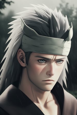 (Forest, low light), night, shady blurred background , rain, wet hair, ((rain drops on his face)), (looking to the sky), melancholic, extremely detailed, realistic, perfect composition, masterpiece 8k wallpapper,1male,madara Uchiha, long black hair, head_band (Madara uchiha's headband , silver)