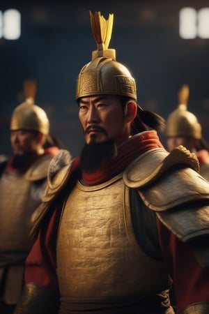 Show collaborative efforts between Liu Bei and Sun Quan's forces, depicting soldiers from both sides coordinating maneuvers, sharing resources, or strategizing together against their common enemy. hyperrealistic, unreal engine, gold light, 8k, cinematic character, 35mm lens, cinematic, movie still photography, shot with canon --v 6 --ar 3:2 --uplight