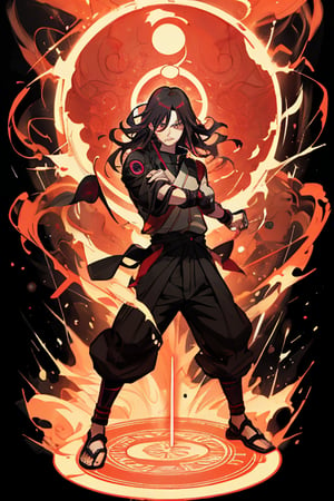 A full body portrait of Madara Uchiha with his Sharingan activated, surrounded by swirling chakra and glowing elements, showcasing his otherworldly appearance and power.