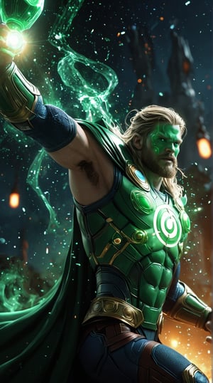 Action mode, action pose, Thor Lantern: A majestic blend of Thor and Green Lantern. This character wields a glowing, emerald Mjolnir, with runes inscribed on its surface. The armor is a mix of Asgardian design and Green Lantern's uniform, with a green energy aura surrounding the character. The background depicts a celestial battlefield with swirling cosmic energy. Enhance the scene with glare, lens flare, cinematic lighting, and particles, emphasizing the divine and lantern energy fusion.

(best quality, 4K, 8K, high-resolution, masterpiece), ultra-detailed, realistic, photorealistic, intricate design, vibrant colors, detailed facial expression, otherworldly appearance, glowing elements, complex patterns, high contrast, dynamic lighting, cinematic composition, high detail, high resolution.