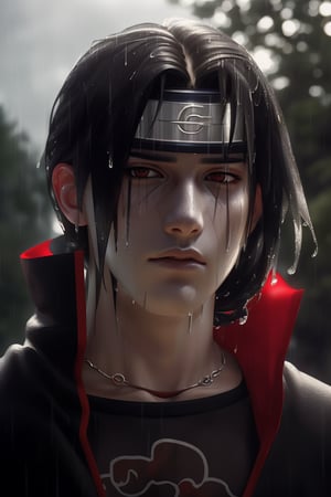 (Forest, low light), night, shady blurred background , rain, wet hair, ((rain drops on his face)), (looking to the sky), melancholic, extremely detailed, realistic, perfect composition, masterpiece 8k wallpapper,1male,Itachi Uchiha,  black hair, head_band (itachi's headband , silver)