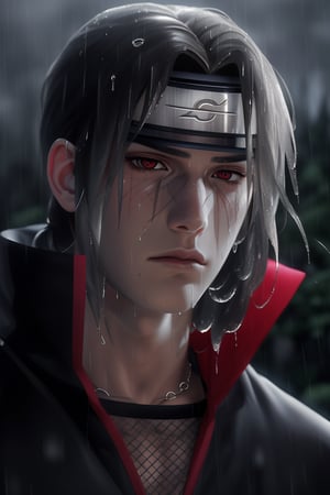 (Forest, low light), night, shady blurred background , rain, wet hair, ((rain drops on his face)), (looking to the sky), melancholic, extremely detailed, realistic, perfect composition, masterpiece 8k wallpapper,1male,madara Uchiha, long black hair, head_band (Madara uchiha's headband , silver)