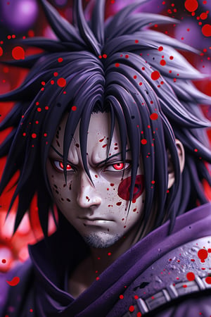 Uchiha Madara red eyes,[red eyes] purple and black splatter background,[purple and black splatter] vivid colors,realistic,physically-based rendering,extremely detailed,ultra-detailed,sharp focus,professional,bokeh.