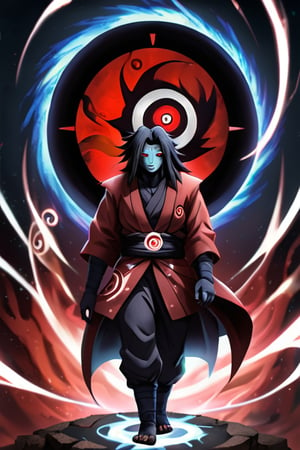 A full body portrait of Madara Uchiha with his Sharingan activated, surrounded by swirling chakra and glowing elements, showcasing his otherworldly appearance and power.