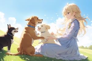 Under the blue sky, the young girl gracefully sat down on the lush grass, and the puppy faithfully nestled beside her. Her gaze toward the dog was filled with affection, a tender expression that spoke volumes of her love for the furry companion.smile,The wind is blowing