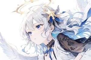 1girl, angel, white hair, long curly hair, two side up,blue eyes, two blue ribbons on her hair, (Double golden halo on her head), choker, angel wings on back, ahoge,Sitting with one hand running through the hair,
portrait, close-up, irezumi ,
masterpiece, best quality, aesthetic,
