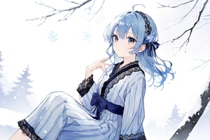 1girl,two side up, ahoge,Sitting with one hand running through the hair,
portrait, irezumi ,
masterpiece, best quality, aesthetic,aaHoshimachi Suisei,snowy forest cenary full background, snow flakes falling,contrast lace striped pajama set,idol，a beautiful student model