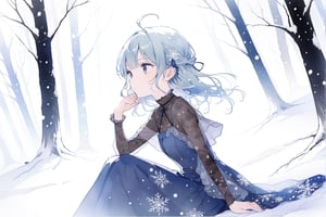 1girl,two side up, ahoge,Sitting with one hand running through the hair,
portrait, irezumi ,
masterpiece, best quality, aesthetic,aaHoshimachi Suisei,snowy forest cenary full background, snow flakes falling 