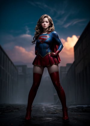 high quality, Supergirl, big breasts, big ass, long hair, best details lighting, hands on hips, full body photo shot, intense color of the Sky 