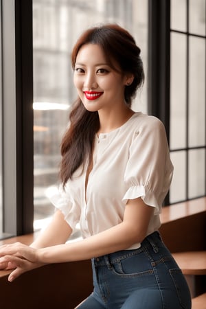 A stunning Korean woman poses confidently in a cozy cafe setting, bathed in soft natural light. Shot from mid-length, her striking features are captured with photorealistic clarity using the Nikon D850 and 58mm f/1.4G lens. Her raven-black updo hair is sleekly styled, framing her porcelain complexion. The red lipstick accentuates her luscious lips, which curve into a subtle smile as she gazes directly at the camera, exuding a sultry, flirtatious energy. The tight-fitting jeans and sexy white blouse emphasize her petite yet perfectly proportioned figure, complete with delicate fingers, a small nose, and a flawless hand. Her legs, eyes, and teeth are equally striking, radiating a sense of confidence and allure as she sips coffee in the intimate atmosphere.