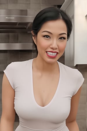 Thai,photorealistic,photographed with a Nikon d850, Nikon AF-S Nikon 58mm f/1.4G lens, natural light, photon mapping, ultra high res, Full length photo of beautiful  woman. Beautiful woman is looking at camera, flirting, She has a saloon hairstyle with wisps of hair tenderly framing her face, large breast,petite, correct finger, correct nose, correct hand, correct legs, correct eyes, correct anatomy, perfect body,  Masterpiece, correct teeth, photo realistic, Perfectly correct and beautiful lips, Perfectly correct and beautiful eyes, perfect hands and fingers,sexy gaze, red lipstick,(low-cut white blouse, tight jeans, sexy smile),standing near a kitchen bench