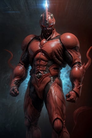  1 fat male, muscle, ((red armors)), few crustacean rhombus horns, g01,biochemical armor,
,Tentacles, glowing blue eyes,biochemical style,