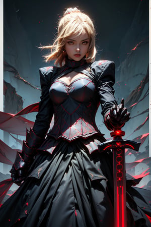 (masterpiece, best quality:1.2), solo, 1girl, sabaltarmor, serious, looking at viewer, v-shaped pupils, armor, armored dress, black dress, gauntlets,aesthetic,dynamic pose with gesture drawing, holding a sword,weapon,r1ge,Taysway,sks woman,lightning_sparkle_background,yofukashi background,mitre,swamp,More Detail,fantasy