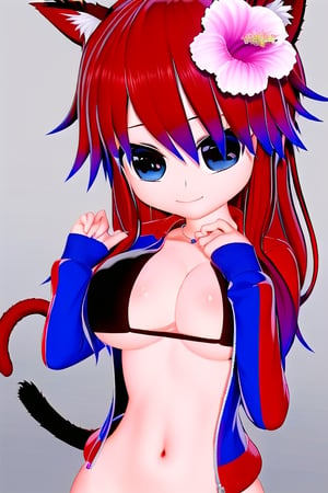 Azami Tadaki, a cute girl with red hair and big anime eyes, semi-naked, cat ears, cat tail, open jacket, 1 girl, red hair, blue eyes, long hair, cleavage, jewelry, necklace, cat smile , eyes half closed