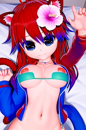 pov: you are lying in bed with Azami Tadaki, a cute girl with red hair and big anime eyes, half naked, cat ears, cat tail, open jacket, heart stickers on her breasts, red and blue jacket, no underwear, 1 girl, red hair, blue eyes, long hair, cleavage, jewelry, necklace