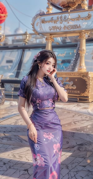 
huge breasts(masterpiece, best quality, ultra high res, photorealistic, realistic, raw photo, real person, photograph), (amazing, finely detail, an extremely delicate and beautiful,oncept art), intricate detail, professional, official art,1girl, long curly hair, thigh, full body, Sexy, summer dress, (purple floral print cloth,sparkly:1.2), mellow, big Chest, big, butt, (modern fashion background:1.2), studio, luxury, gorgeous, JoJo pose, Rings, earrings, necklace, bangle, closed smile,(neon:1.2), Low shutter, most beautiful artwork in the world, aesthetics, atmosphere, dynamic Angle,huge breasts,acmm ss outfit,standing,((full_body))