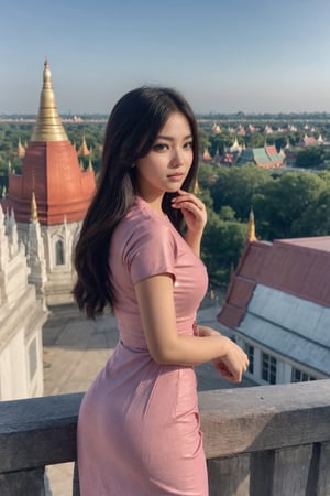 20 years old girl,{{best quality}}, {{masterpiece}}, {{ultra-detailed}}, {illustration}, {detailed light}, {an extremely delicate and beautiful}, messy floating hair, pink dress, standing and looking at the viewer,  feminine , depth of field,acmm ss outfit,Myanmar.view from side, perfect buttock.full body.,perfect,masterpiece,Myanmar,milf