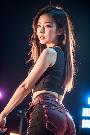 (best quality, 8K, highres, masterpiece), create photography of young beatiful idol chinese girl, ultra-detailed, realistic skin, long hair, large natural boobs wearing baseball girl cosplay costume, performing on stage, concert, at night, cinematic lighting to create teal and orange mood, seen through the lens of a minimalist Japanese photography style, wide-angle, night scene, realistic, photorealistic, realistic, photorealistic, neon background