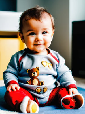 a baby boy, sitting and playing in the playroom, wear adorable teddy bear clothes, golden eyes, dark brown hairs, best smiling, full body view, sunshine, finger detail, toes detail,