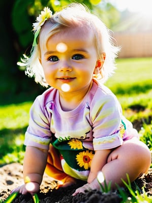 a baby, with various poses, playing in the ground, baby  clothes, green eyes, blonde hairs, smile, full body view, sunshine on hair details, finger detail, toes detail,