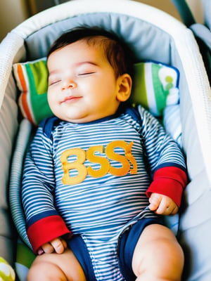 a 1year old baby boy sleeping in his little bed, wear adorable clothes, eyes closed, dark brown hairs, smiling like have a wonderful dreams, full body view, like a baby boss, sunshine, finger detail, toes detail, clear face, perfect and fat leg,