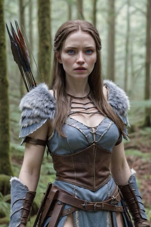 Realistic a beautiful Amazon female warrior, pale skin, brown hair, blue eyes, white fur and easy armor, in the forest, bandaged village, cinematic moviemaker style, Extremely Realistic ,tall body view, finger detail, head and body ratio 1:9, left hand hold powerful bow, carrying arrows,