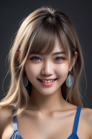 A beautiful Taiwanese girl's face, standing with a sexy pose, long hair, look front, dark blonde hair with gray hair, blunt bangs, blue eyes, attractive smile, circle earring, hyper detail, naked, photorealistic, a full-length portrait,