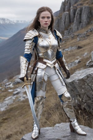 Realistic a powerful female, pale skin, brown hair, blue eyes, white fur and gold leather armor, with silver chest armor, one leg stand on the rock, bandaged village, cinematic moviemaker style, Extremely Realistic ,full body view, finger detail, head and body ratio 1:9, left hand take long silver sword, 