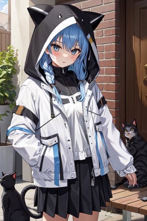 1girl, SuiseiSchool, white jacket, hood up, ((cat hood)), (open jacket),READ THE DESCRIPTION