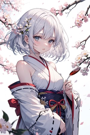 A beautiful Eastern girl with white hair, sharp eyes, dressed in a white Japanese formal kimono, exposing one shoulder, surrounded by cherry blossoms fluttering in the wind, creating a dramatic atmosphere. The movement is blurred, reminiscent of a faint ink painting. The bold strokes express the lines, embracing a chaotic minimalist style, resembling alcohol splashed ink rendering.



