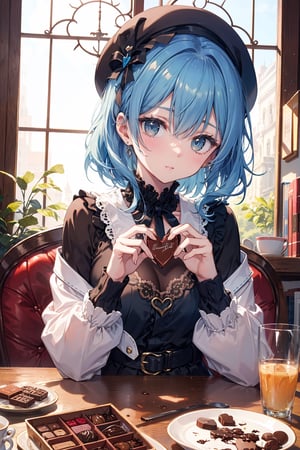 A beautiful young girl with delicate blue hair, exquisite blue eyes, wearing a brown beret, enjoying heart-shaped chocolates, a masterpiece of delicacy and beauty.