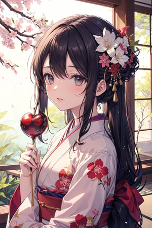 A beautiful girl with a proud and cute expression, long hair, wearing a kimono with a cherry blossom pattern, a masterpiece, meticulous and exquisite