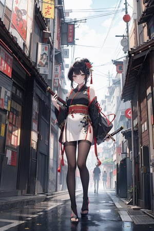 detailed full body depiction of an Asian  goddess , chinapunk , brandishing a delicate katana , she embodies the fusion of traditional and futuristic against an osaka street backdrop.
