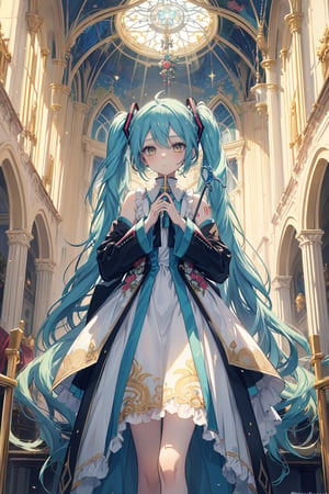 Hatsune Miku stands beside her own tarot card, titled "The Hierophant," in a display card featuring a cartoon image, rendered with the RE engine in the Mucha style. The influence of "The Hierophant" is depicted as a solo girl on the card against a gorgeous background reminiscent of a church, with elements such as a cross and scepter.




