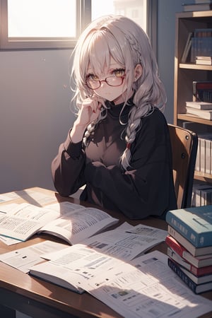 A beautiful young girl with braided hair, wearing glasses, sitting at a desk surrounded by many textbooks and exam papers, with a terrifying demon behind her. Masterpiece.




