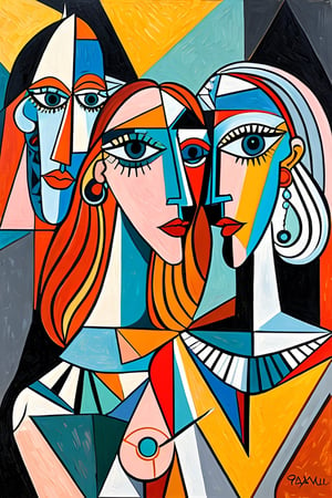 close shot, || paiting of juxtaposed geometric shapes, with strokes of color that draws the image of Les Demoiselles d'Avignon ||, sharp deffinition, Cubist artwork, artistic oil painting stick, in the style of (Pablo Picasso:1.2), (Xul Solar:1.2), Georges Braque, Juan Gris, Cubist artwork ,art_booster,colorful,abstract paintings