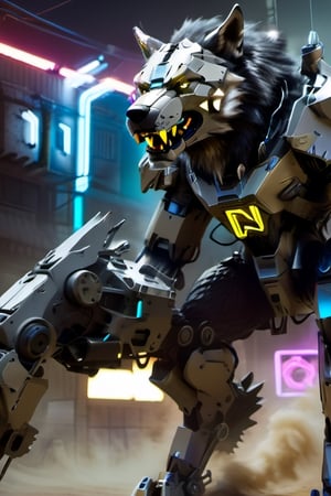 masterpiece, artistic design, image of a futuristic robot shaped like a werewolf, mechanical wolf android inspired by technological clothing with neon lights, neon lighting, soft lighting, illumination cinematic, volumetric lighting, neon background, cyberpunk, mecha, wolf, cybord, mechanical wolf head,neon background, attack position, attacking, apocalyptic scenario, ruined reality, apocalyptic desert,mecha,anthro,cgi