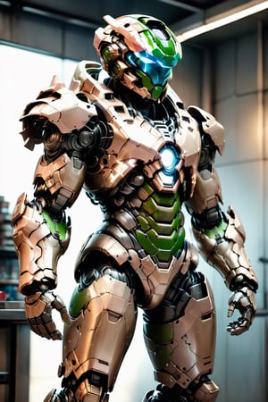 masterpiece, realistic image, hulkbuster in the appearance of spartan master chief, green armor, hyper-realistic, high quality, laboratory background, helmet,Arcadia armor,mecha,knolling,digital artwork by Beksinski,robot,DonMR0s30rd3rXL ,neon photography style, mechanics workshop, neon lights on the armor