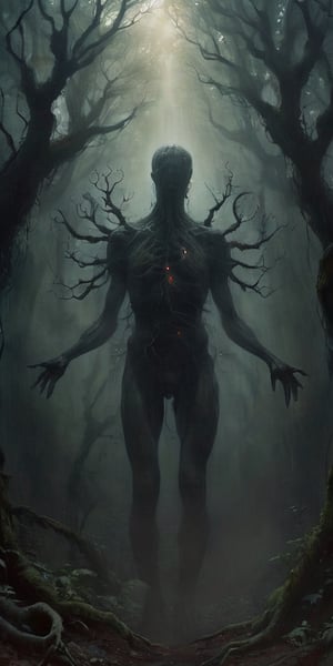 It generates a hyperrealistic image of a humanoid being with a thin body with many arms and very long limbs that emerges from the shadows of a cloud forest. In his round head no face can be seen, only two round eyes that radiate a disturbing red and bright glow, his position is a little inclined but defiant, his head is drooping to the left side, his hands have very long fingers. . This is a creature of nightmares, in the background you can see a dark forest that has arms like branches and hands like branches, mysterious silhouette, head tilted to the left. multiple arms and hands, 
hands coming out of the ground, hands coming out of the ground
digital artwork by Beksinski,shadow
Negative notice
